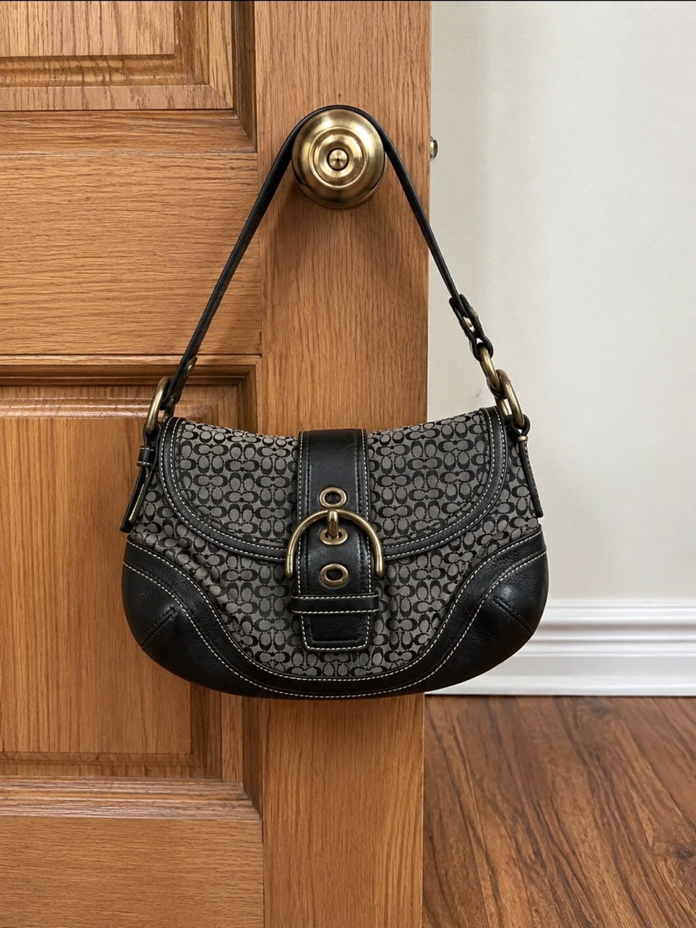 Coach 10925 Vintage Soho Black Leather And Mini C Canvas Shoulder Bag Hobo